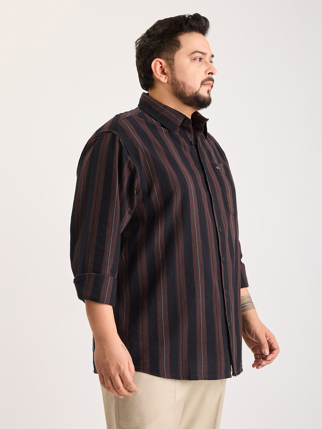 Plus Size Cotton 1 Pocket Regular Fit Smart Casual Shirt  - Coffee - Style 1268