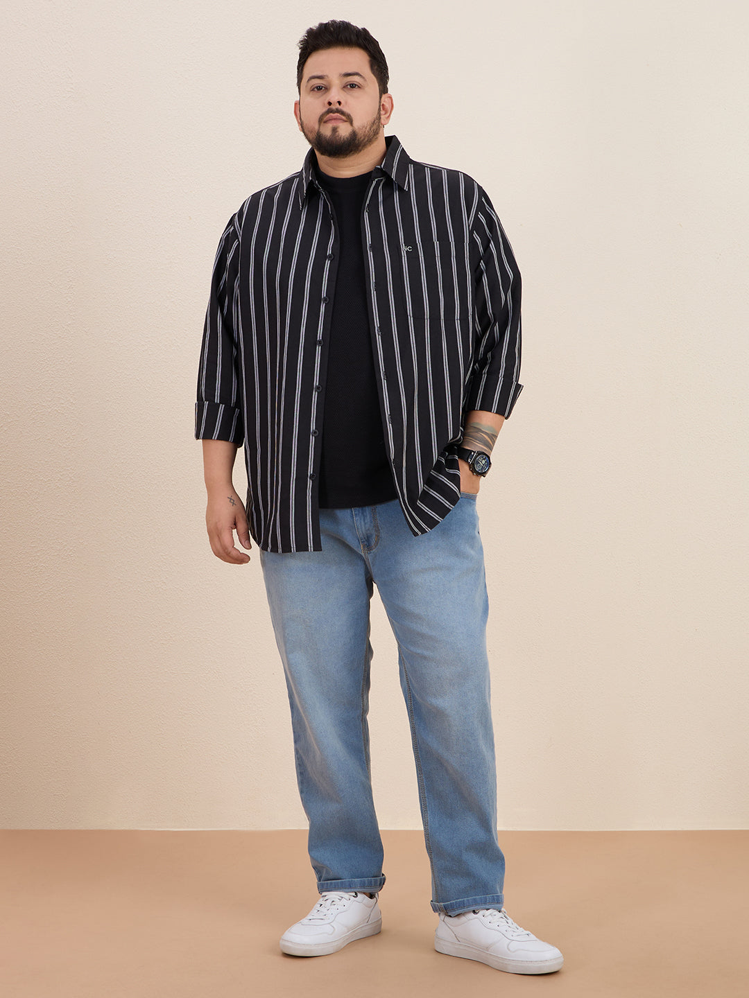 Plus Size Cotton Stripes Shirt 1 Pocket Regular Fit Smart Casual Shirt, Style- Plus-1266-black