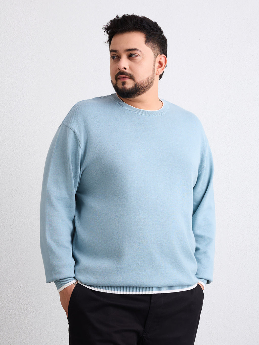Flat Knit Full Sleeve Polo Ribbed T Shirt  - Light Blue - Style 133