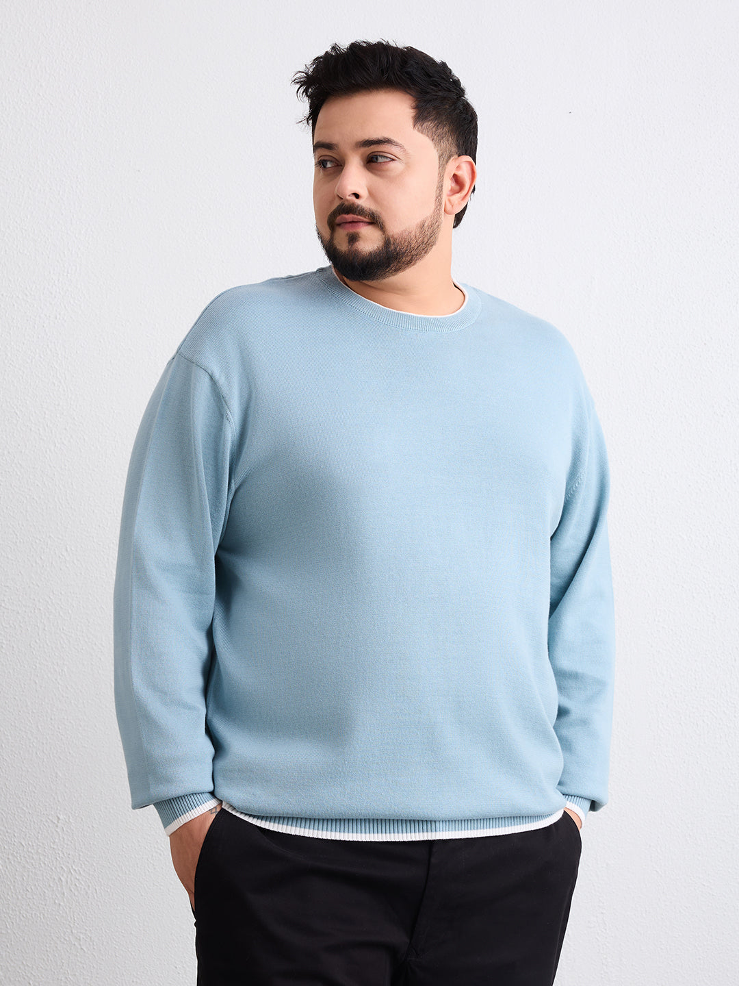 Flat Knit Full Sleeve Polo Ribbed T Shirt  - Light Blue - Style 133