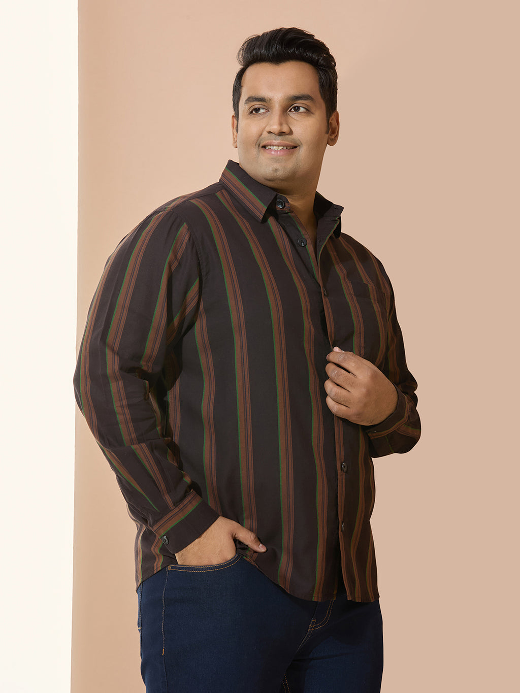 Men Cotton Stripe 1 Pocket Regular Fit Smart Casual Shirt - BrownGreen