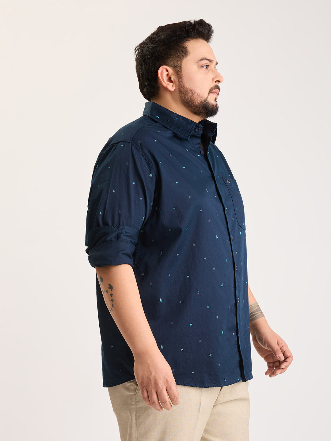 Plus Size Cotton 1 Pocket Regular Fit Smart Casual Shirt  - Navy - Style 1278