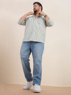 Plus Size Cotton Stripes Shirt 1 Pocket Regular Fit Smart Casual Shirt, Style- Plus-1266-Sage Green