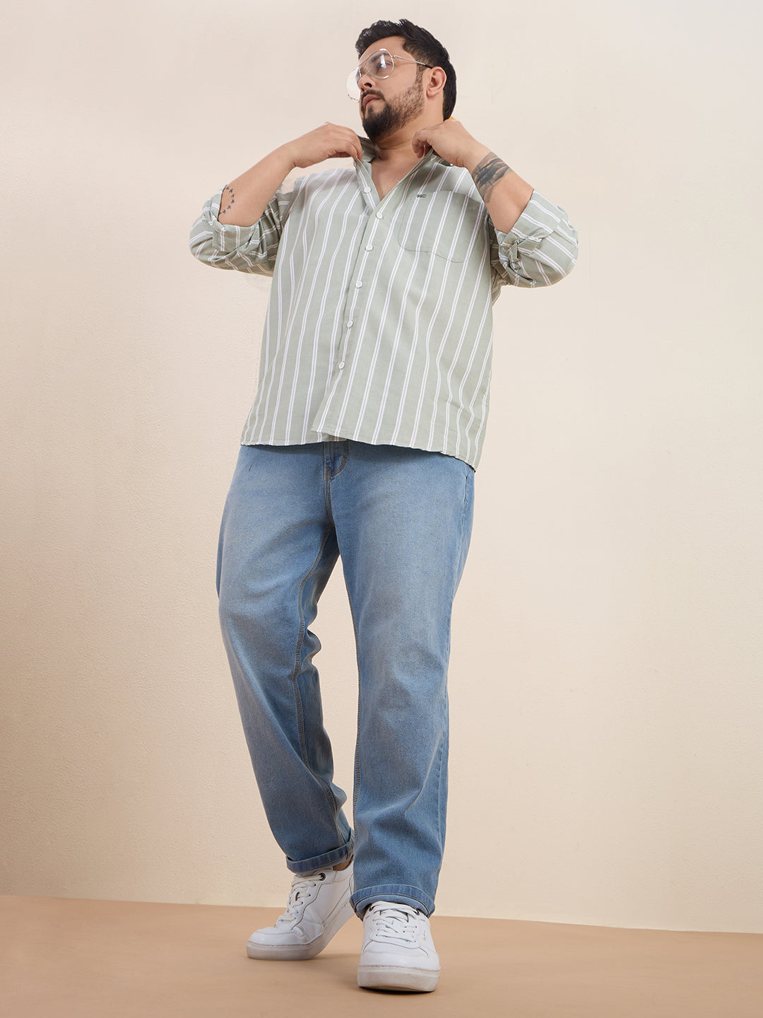 Plus Size Cotton Stripes Shirt 1 Pocket Regular Fit Smart Casual Shirt, Style- Plus-1266-Sage Green