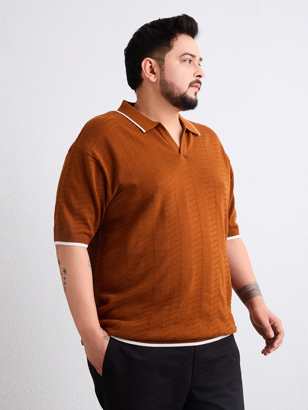 Flat Knit Half Sleeve Polo Ribbed T Shirt  - Rust - Style 138-Rust