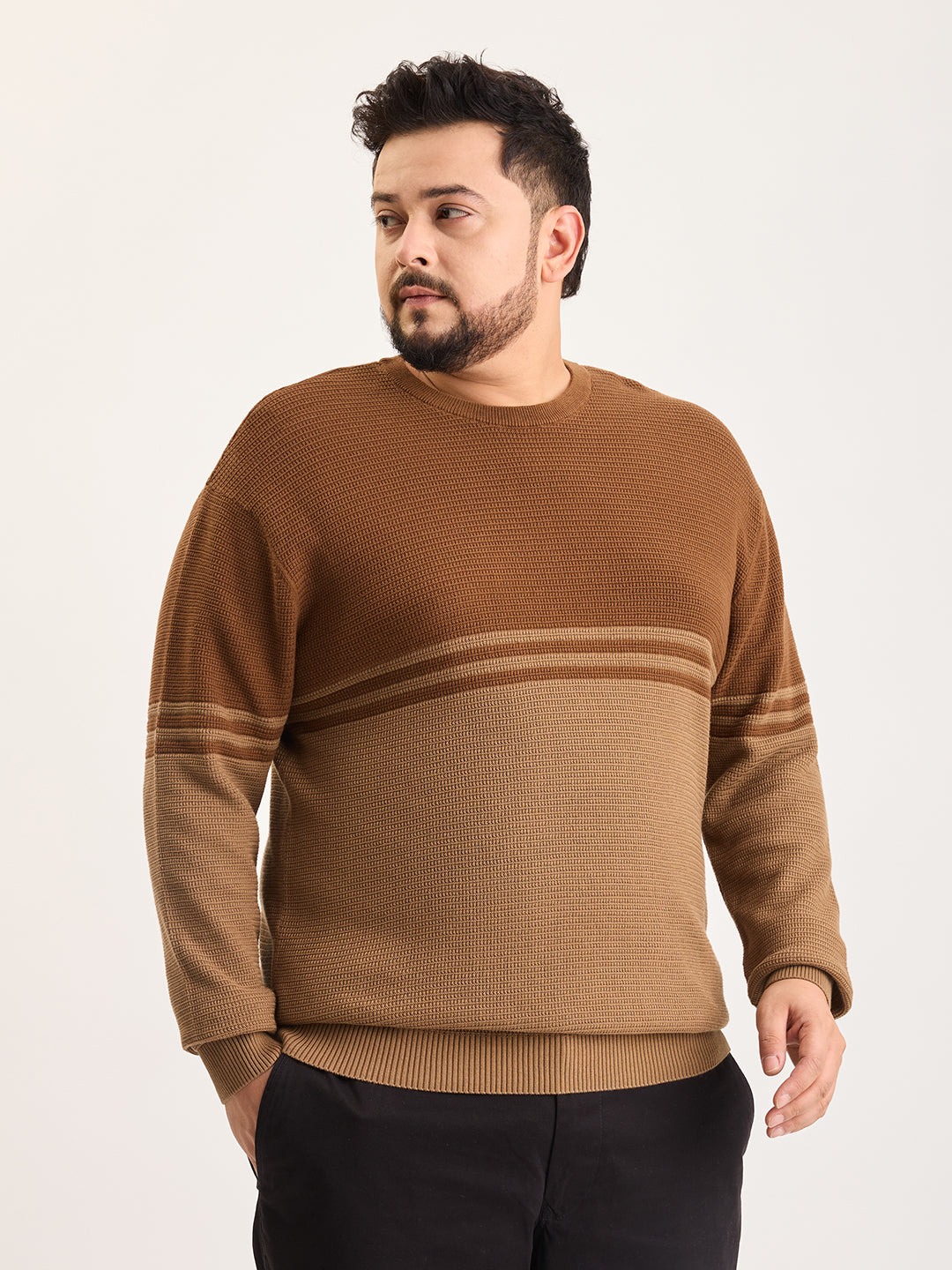 Flat Knit Full Sleeve Polo Ribbed T Shirt  - Brown - Style 135