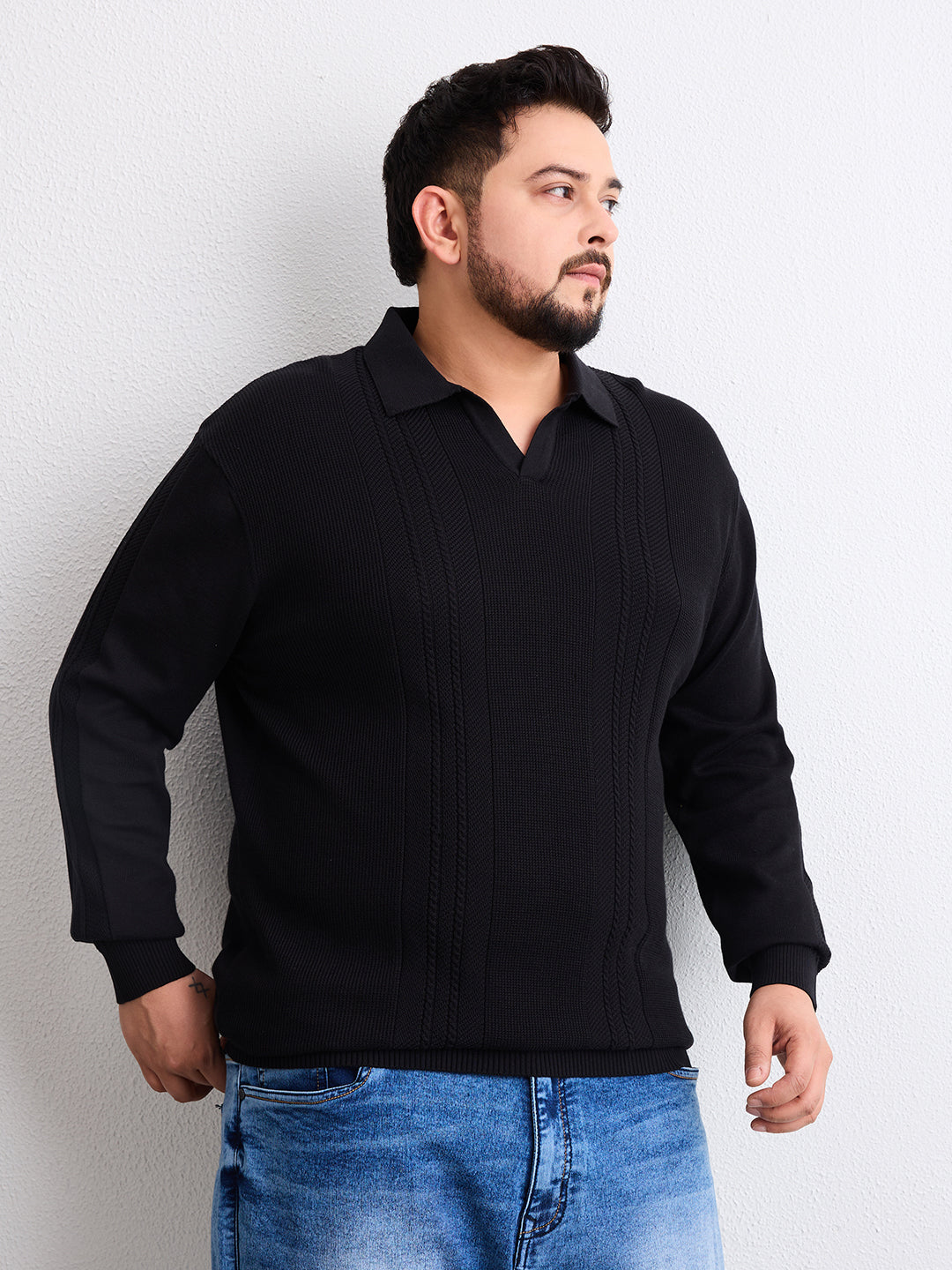 Flat Knit Full Sleeve Polo Ribbed T Shirt  - Black - Style 136