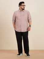 Plus Size Cotton Stripes Shirt 1 Pocket Regular Fit Smart Casual Shirt, Plus-1266-Maroon