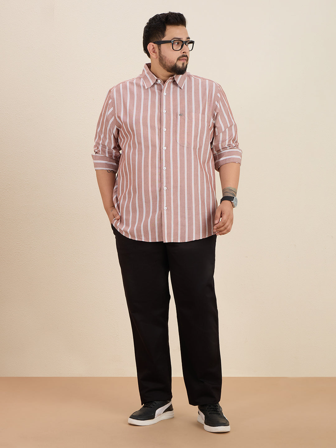 Plus Size Cotton Stripes Shirt 1 Pocket Regular Fit Smart Casual Shirt, Plus-1266-Maroon