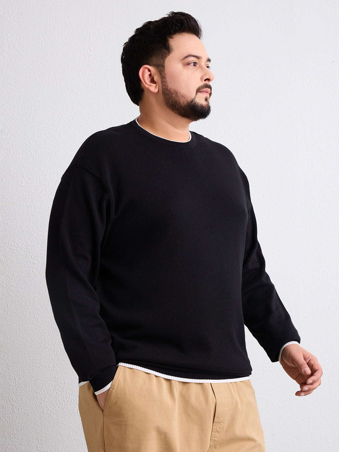 Flat Knit Full Sleeve Polo Ribbed T Shirt  - Black - Style 133