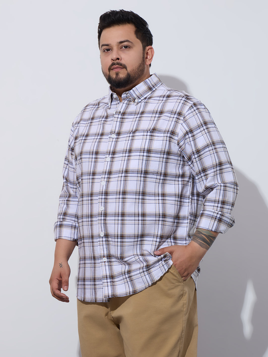 Plus Size Cotton Checks Shirt 1 Pocket Regular Fit Smart Casual Shirt, Style- Plus-1265-white