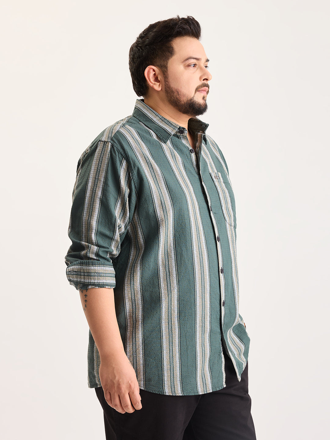 Plus Size Cotton 1 Pocket Regular Fit Smart Casual Shirt  - Green - Style 1269