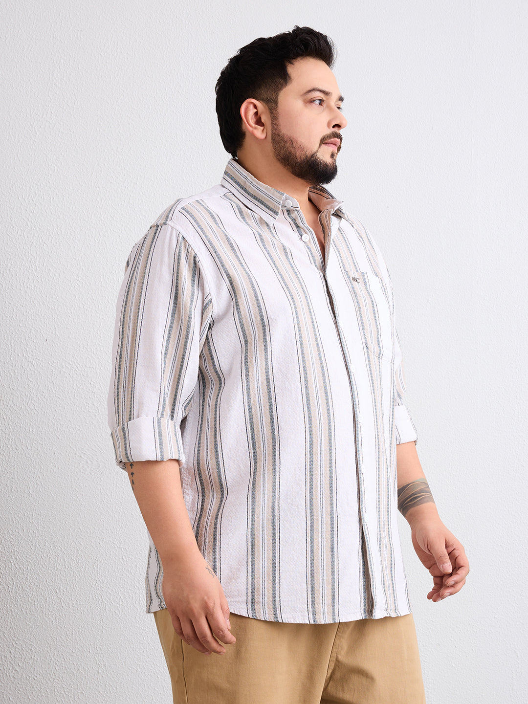 Plus Size Cotton 1 Pocket Regular Fit Smart Casual Shirt  - Beige - Style 1269