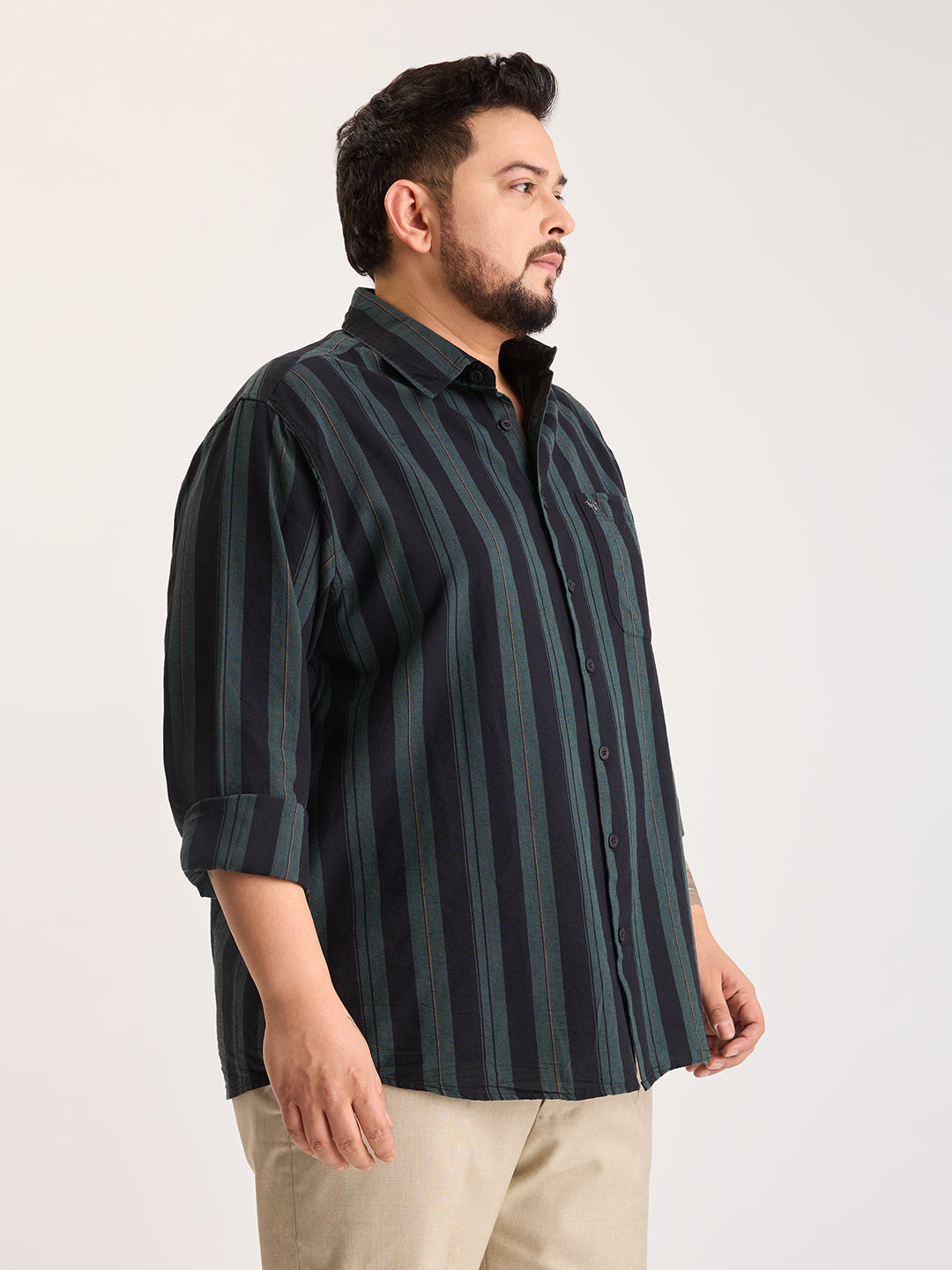 Plus Size Cotton 1 Pocket Regular Fit Smart Casual Shirt  - Dark Green - Style 1268
