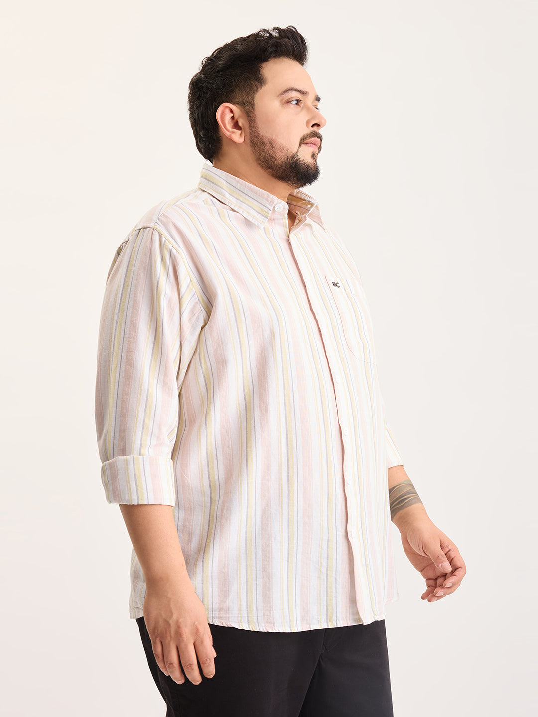 Plus Size Cotton 1 Pocket Regular Fit Smart Casual Shirt  - Yellow-White - Style 1267