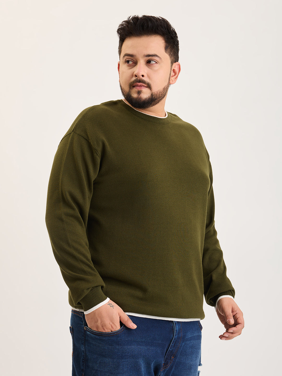 Flat Knit Full Sleeve Polo Ribbed T Shirt  - Olive Green - Style 133
