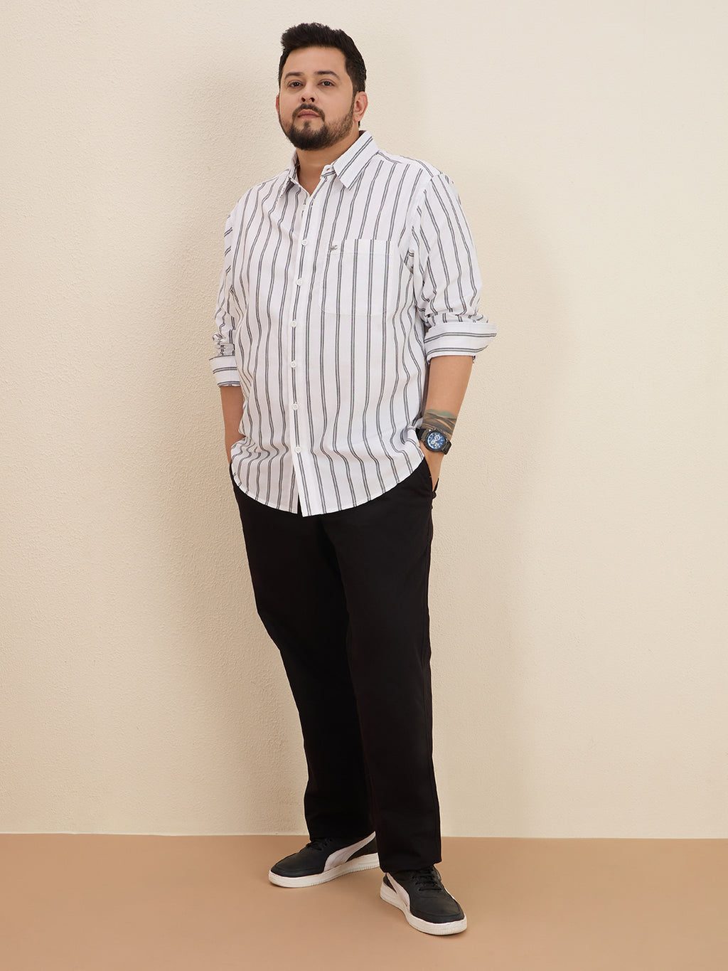 Plus Size Cotton Stripes Shirt 1 Pocket Regular Fit Smart Casual Shirt, Style- Plus-1266-White