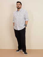 Plus Size Cotton Stripes Shirt 1 Pocket Regular Fit Smart Casual Shirt, Style- Plus-1266-White