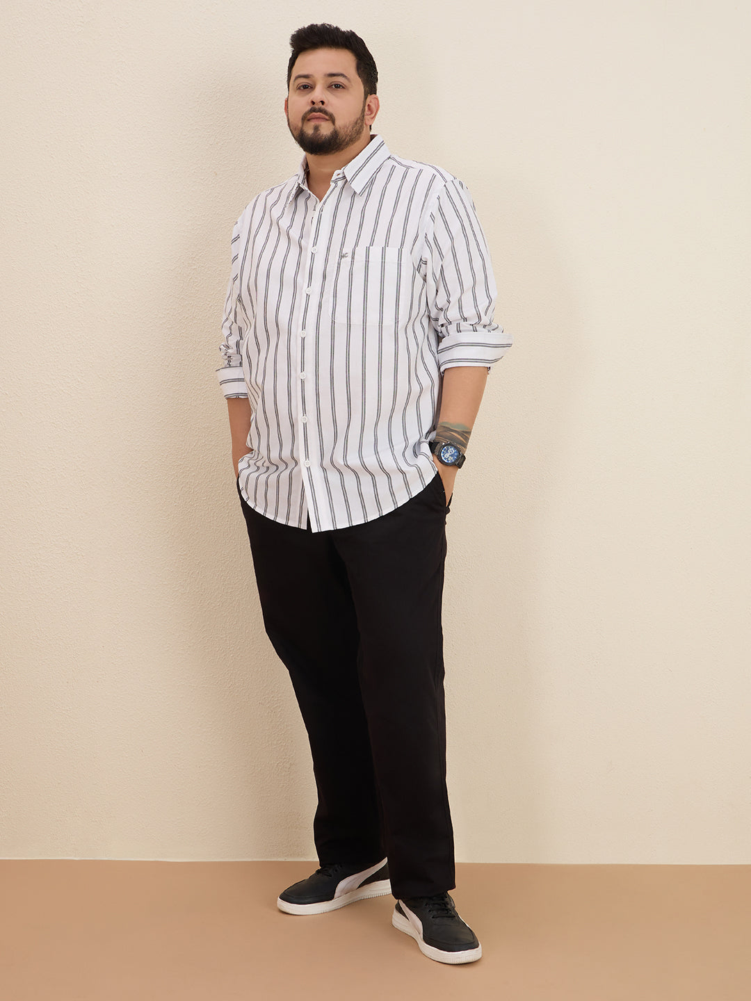 Plus Size Cotton Stripes Shirt 1 Pocket Regular Fit Smart Casual Shirt, Style- Plus-1266-White