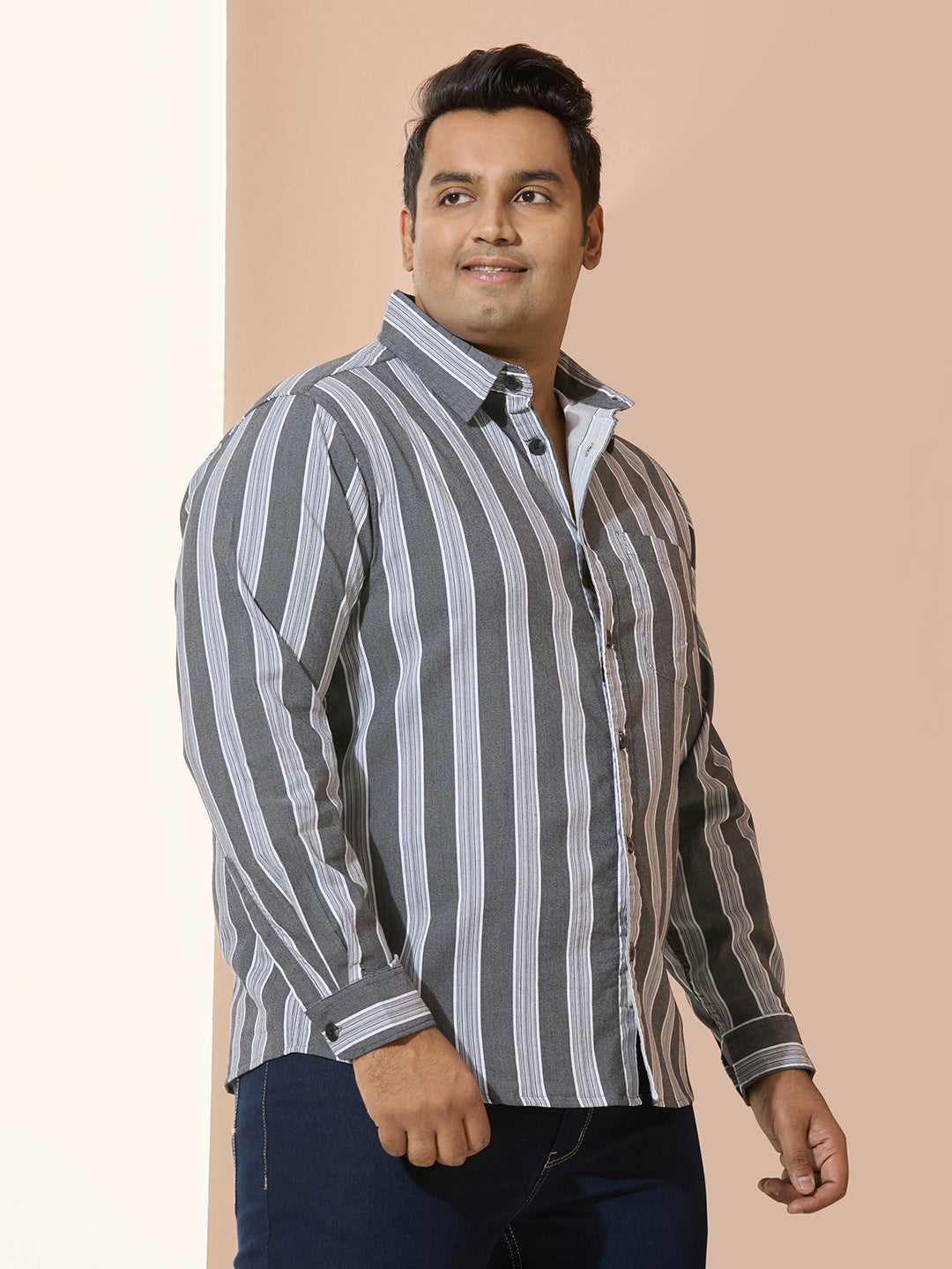 Men Cotton Stripe 1 Pocket Regular Fit Smart Casual Shirt  - GreyWhite