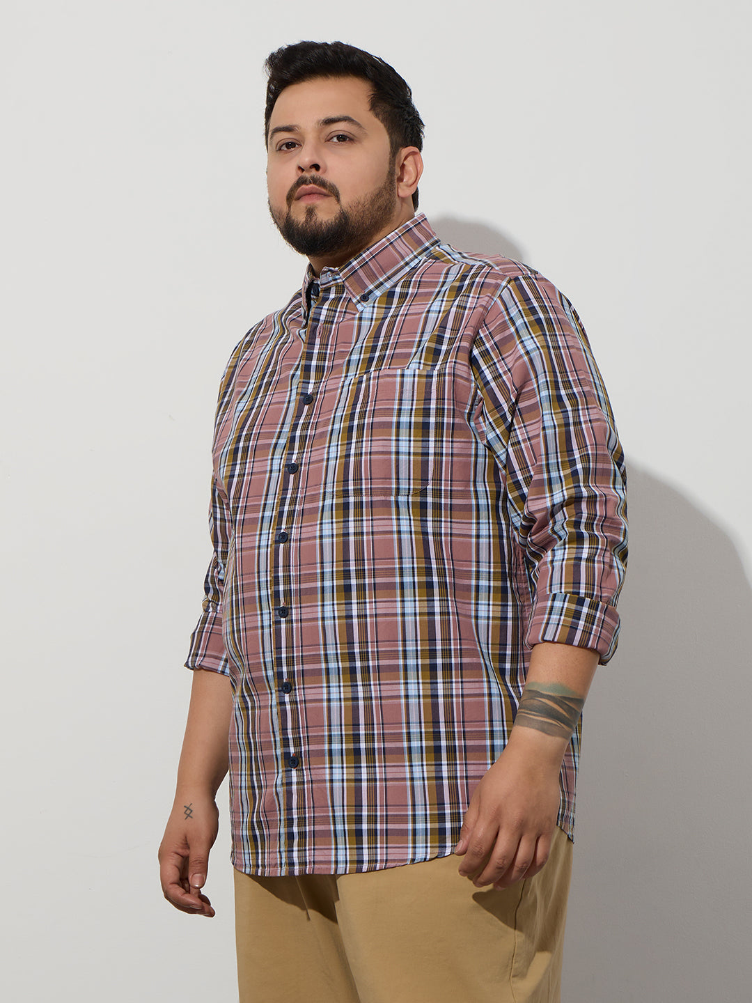 Plus Size Cotton Checks Shirt 1 Pocket Regular Fit Smart Casual Shirt, Style- Plus-1263-Mauve