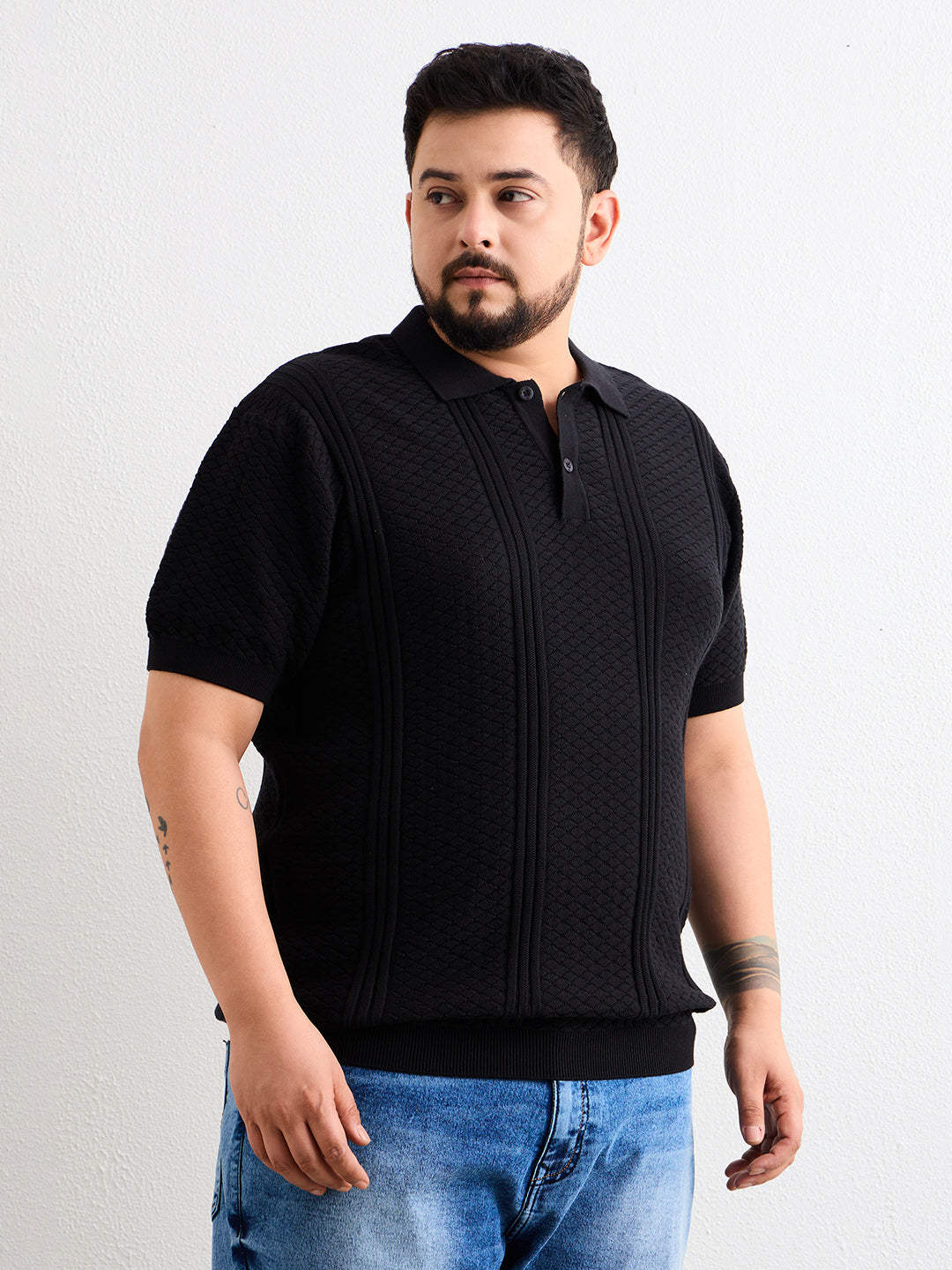 Neon Chillie Men's Plus Size Half Sleeve Polo Ribbed T Shirt - 144-Black
