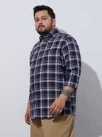 Plus Size Cotton Checks Shirt 1 Pocket Regular Fit Smart Casual Shirt, Style-Plus-1265-Navy
