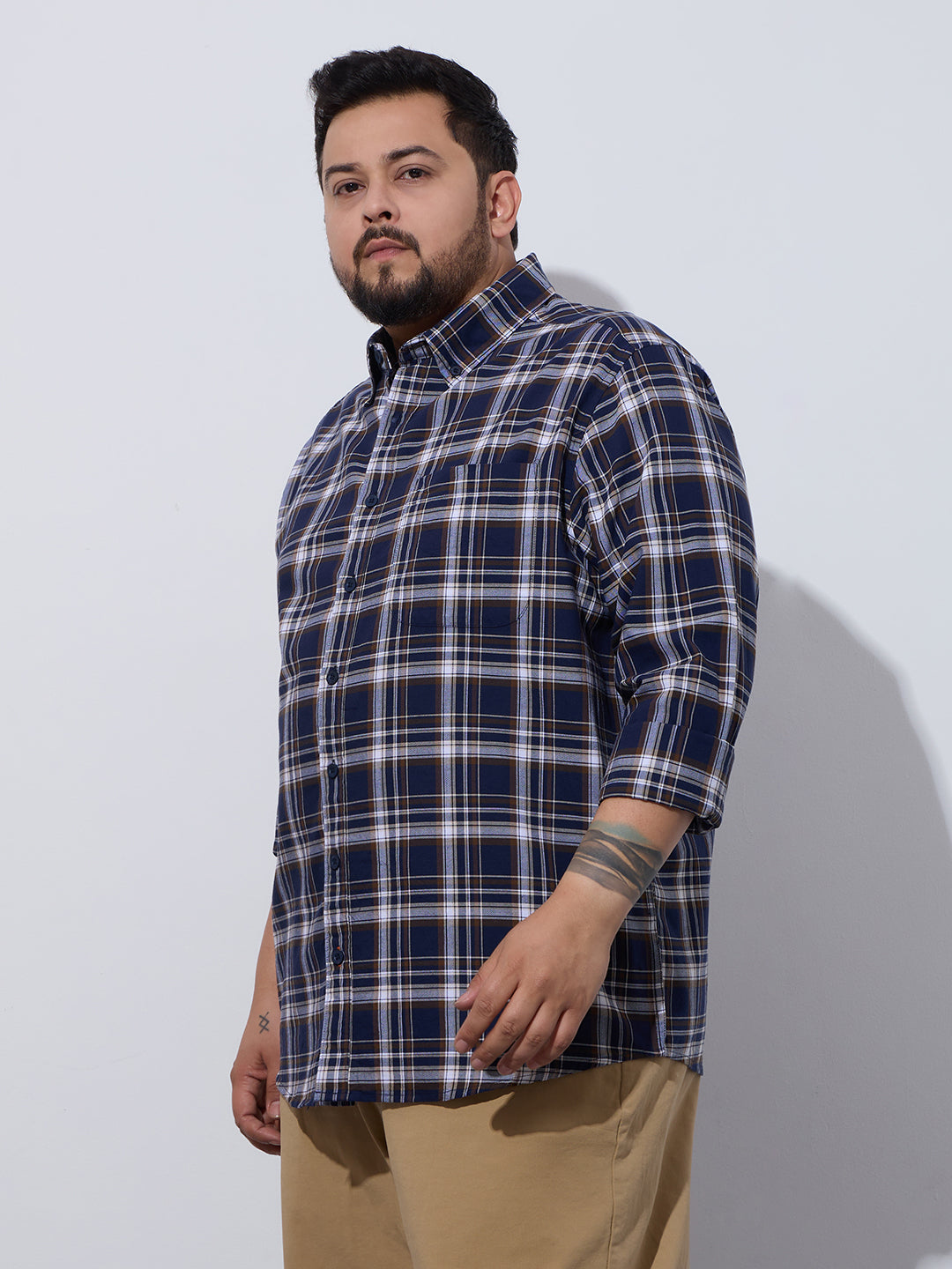 Plus Size Cotton Checks Shirt 1 Pocket Regular Fit Smart Casual Shirt, Style-Plus-1265-Navy