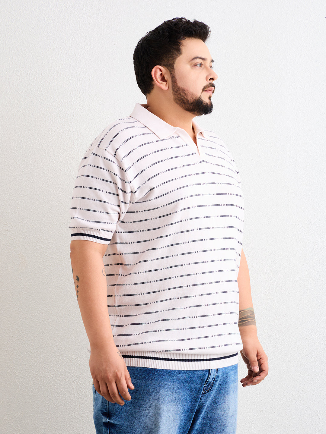 Neon Chillie Men's Plus Size Half Sleeve Polo Ribbed T Shirt - 150-Cream
