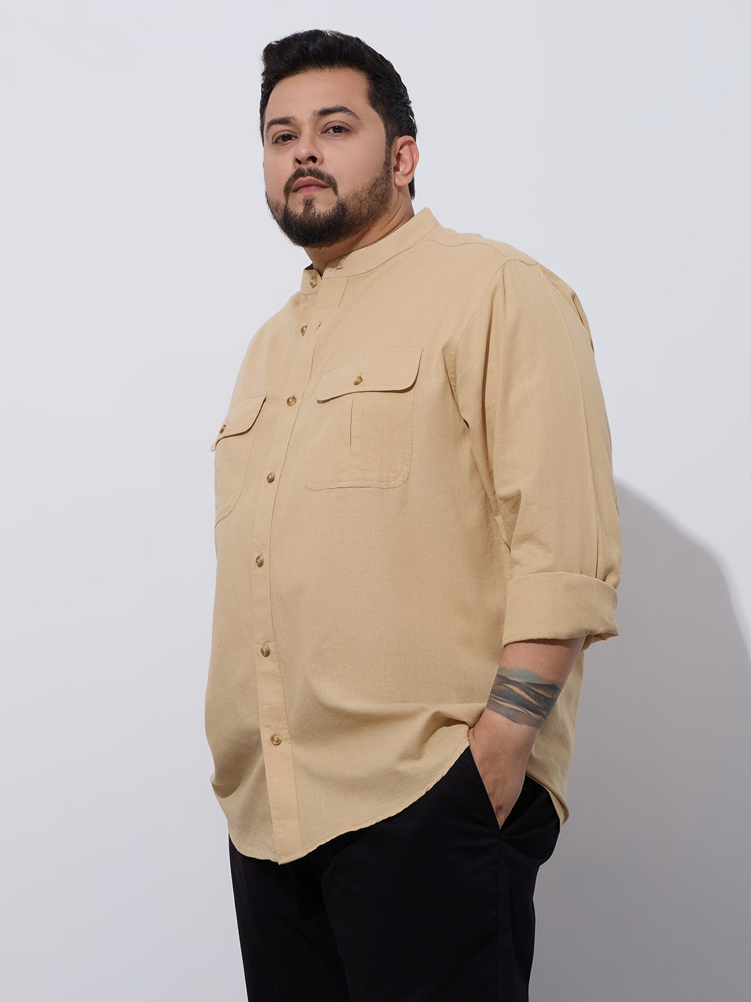 Plus Size Cotton Linen Shirt 1 Pocket Regular Fit Smart Casual Shirt, Style- Plus-2k53-HoneyGold
