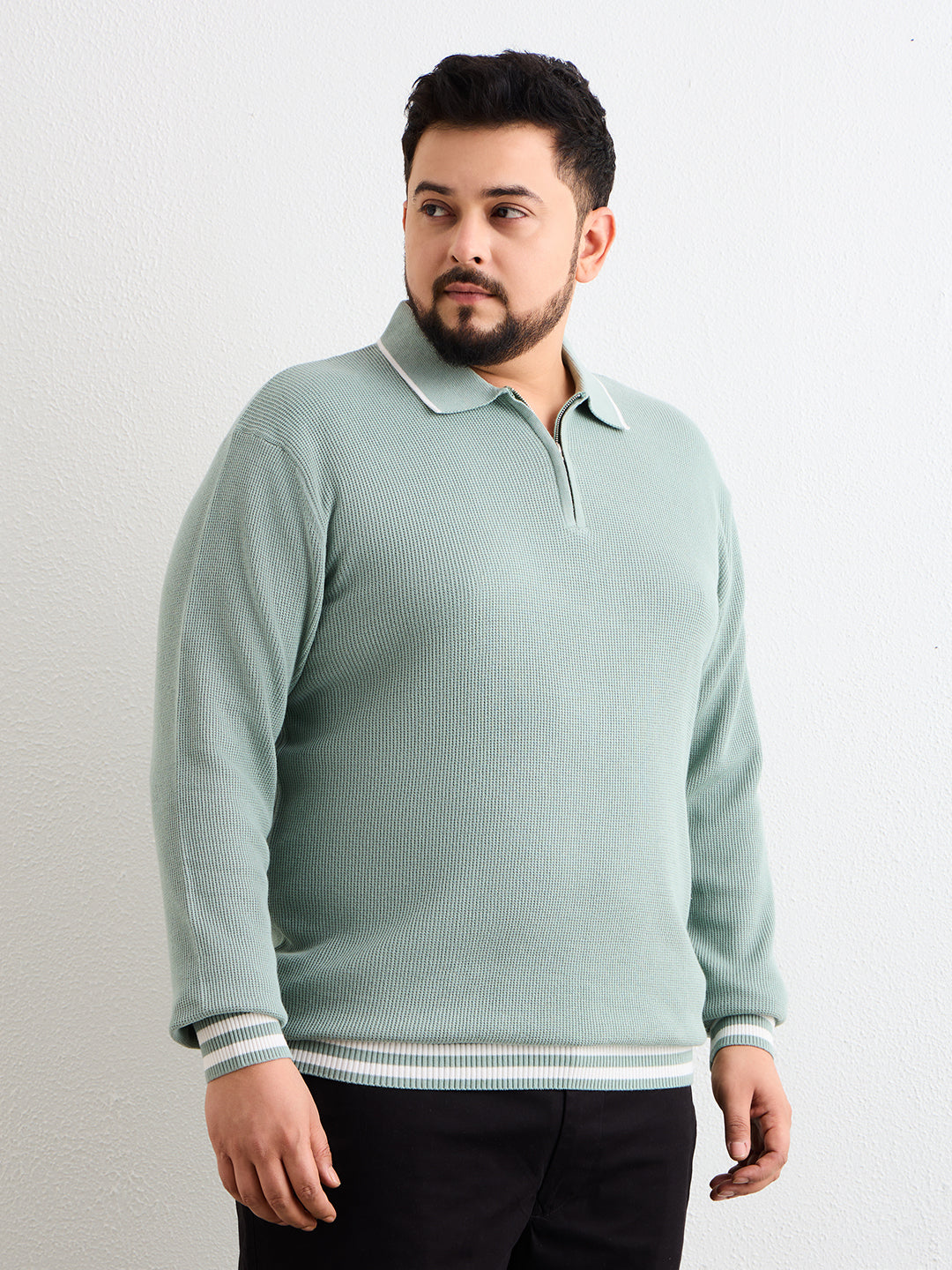 Neon Chillie Men's Plus Size Full Sleeve Polo Ribbed T Shirt -143- Mint