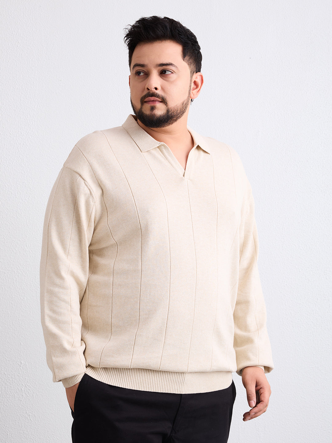 Flat Knit Full Sleeve Polo Ribbed T Shirt  - Ash Grey - Style 137