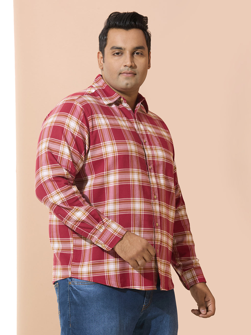 Men Cotton Checks 1 Pocket Regular Fit Smart Casual Shirt - Red