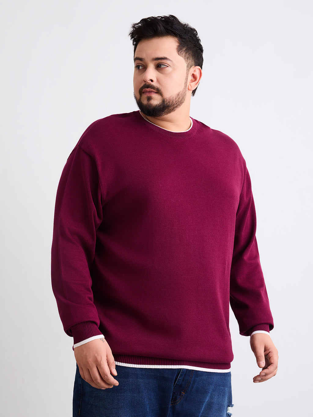Flat Knit Full Sleeve Polo Ribbed T Shirt  - Maroon - Style 133