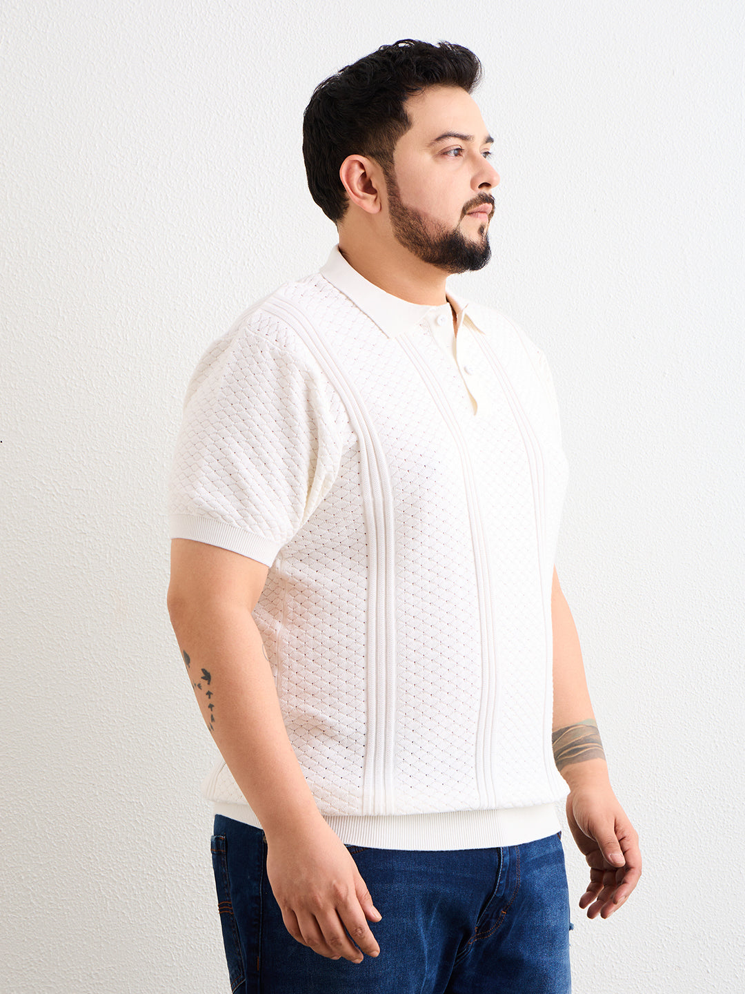 Neon Chillie Men's Plus Size Half Sleeve Polo Ribbed T Shirt - 144-White