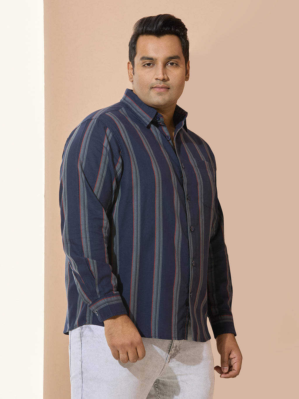 Men Cotton Stripe 1 Pocket Regular Fit Smart Casual Shirt - MaroonIndigo