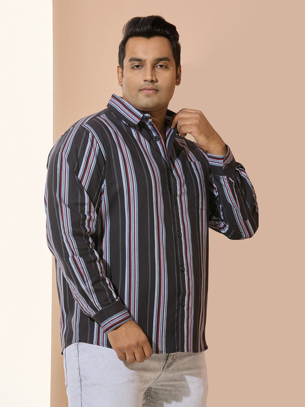 Men Cotton Stripe 1 Pocket Regular Fit Smart Casual Shirt - BlackRed