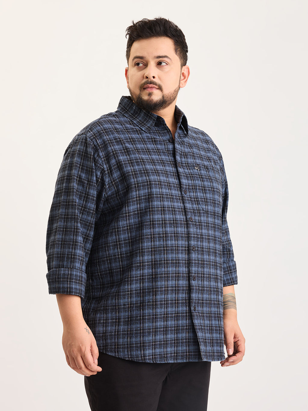 Plus Size Cotton 1 Pocket Regular Fit Smart Casual Shirt  - Blue - Style 1264