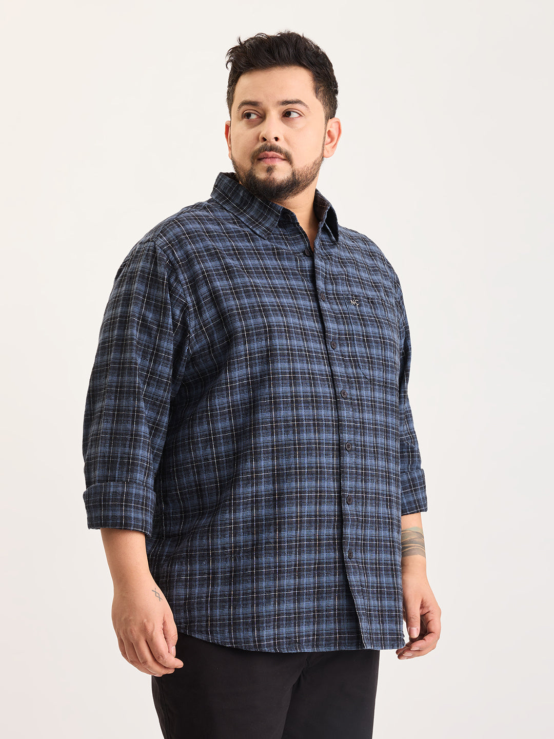 Plus Size Cotton 1 Pocket Regular Fit Smart Casual Shirt  - Blue - Style 1264