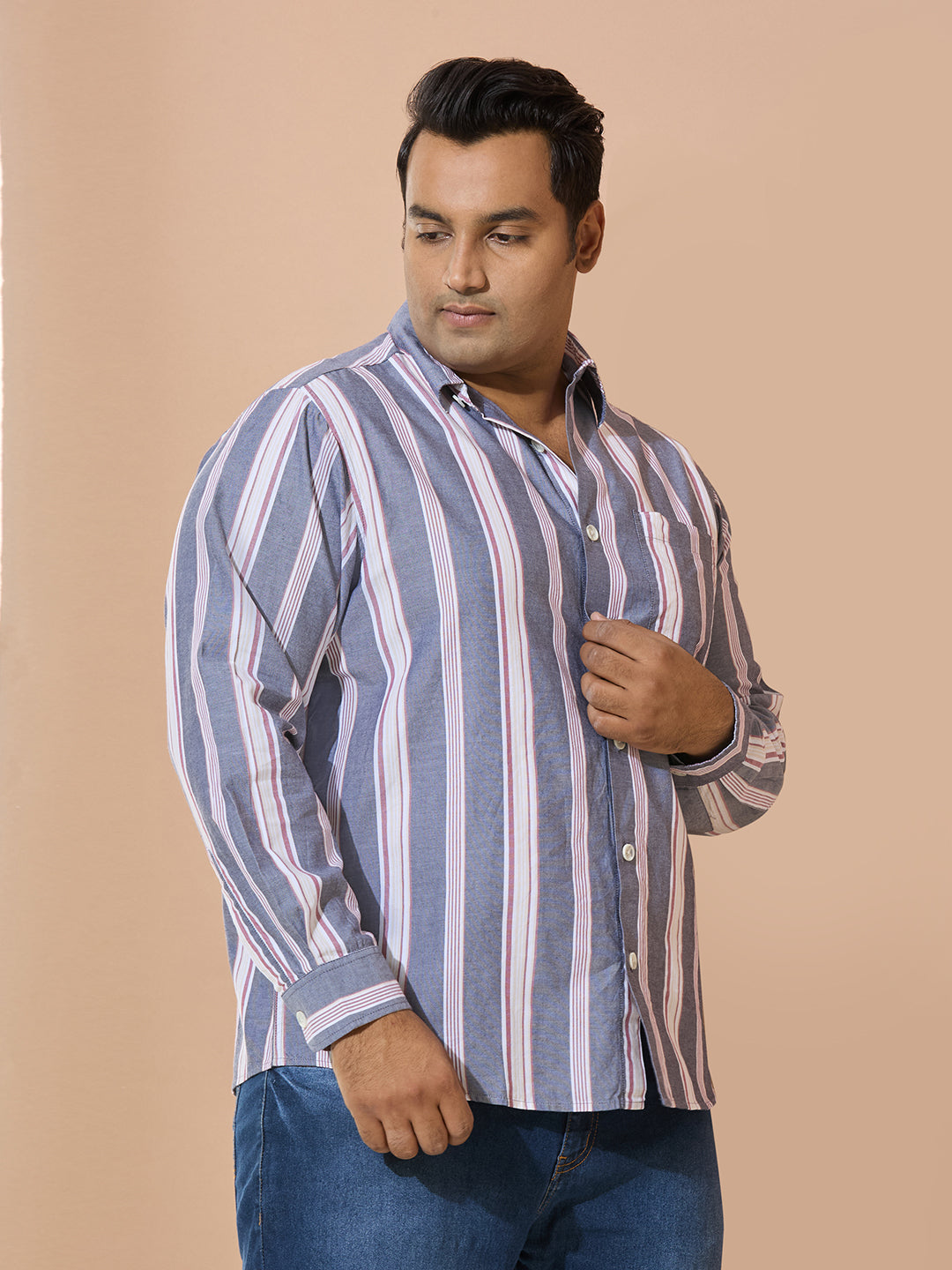 Men Cotton Stripe 1 Pocket Regular Fit Smart Casual Shirt - Navy