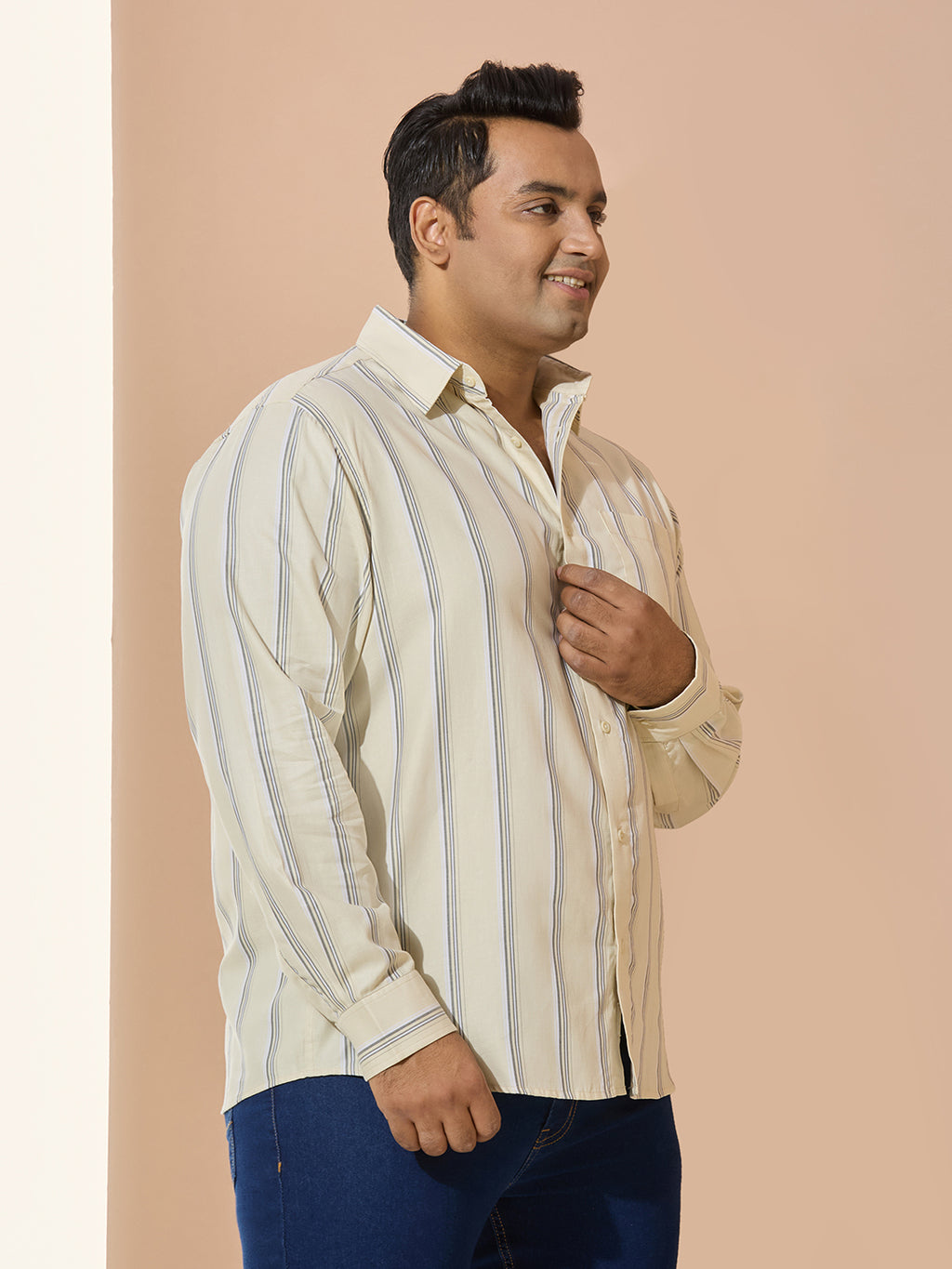 Men Cotton Stripe 1 Pocket Regular Fit Smart Casual Shirt - Yellow