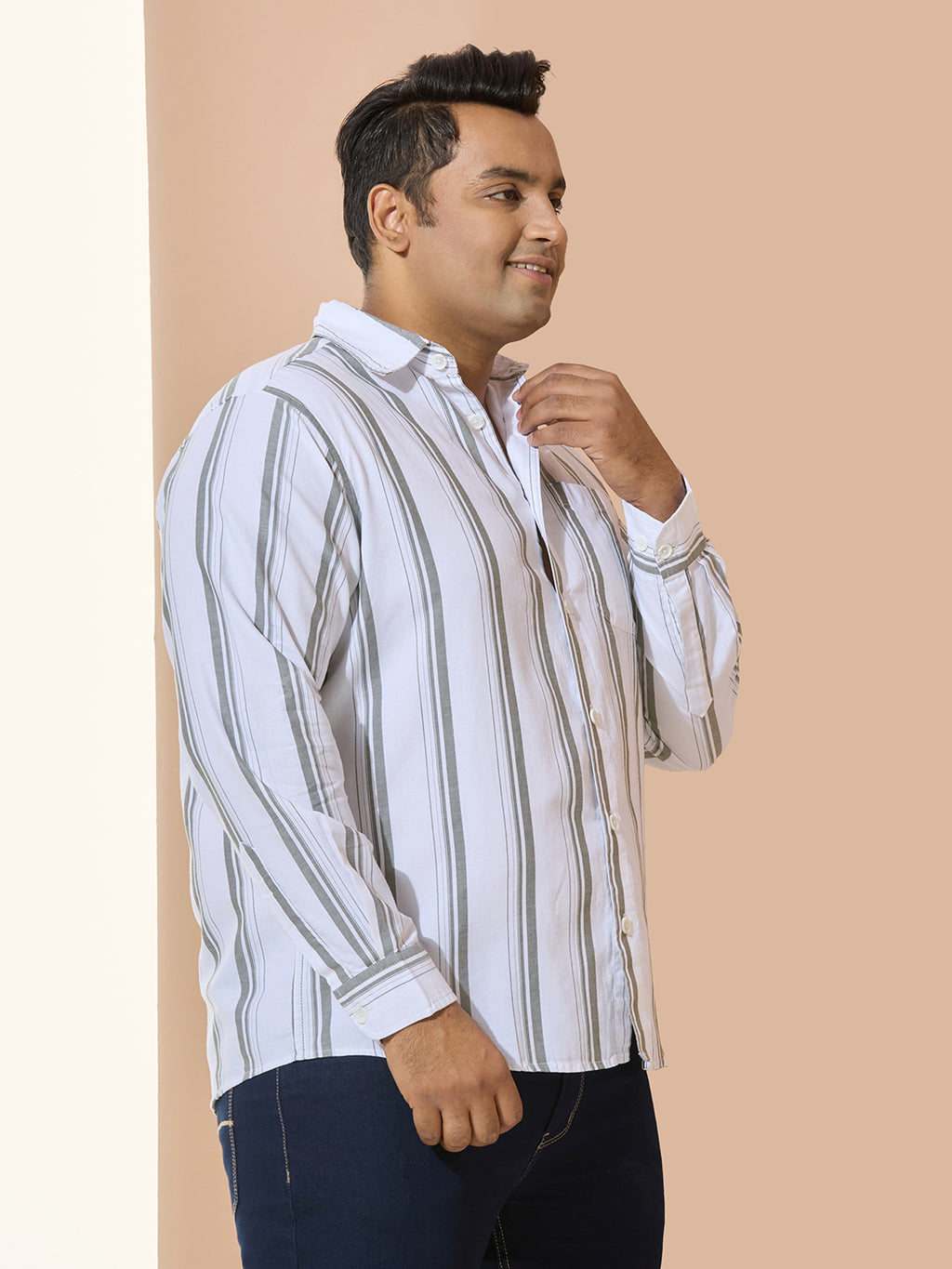 Men Cotton Stripe 1 Pocket Regular Fit Smart Casual Shirt - WhiteGreen