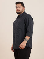 Plus Size Cotton Stripes Shirt 1 Pocket Regular Fit Smart Casual Shirt , Style-1270-Black