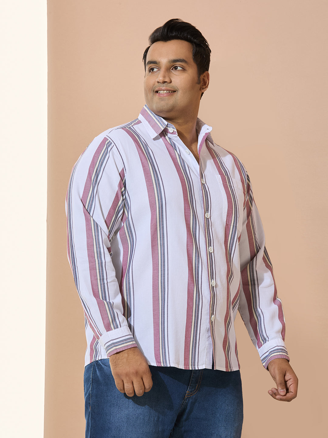 Men Cotton Stripe 1 Pocket Regular Fit Smart Casual Shirt - WhiteRed