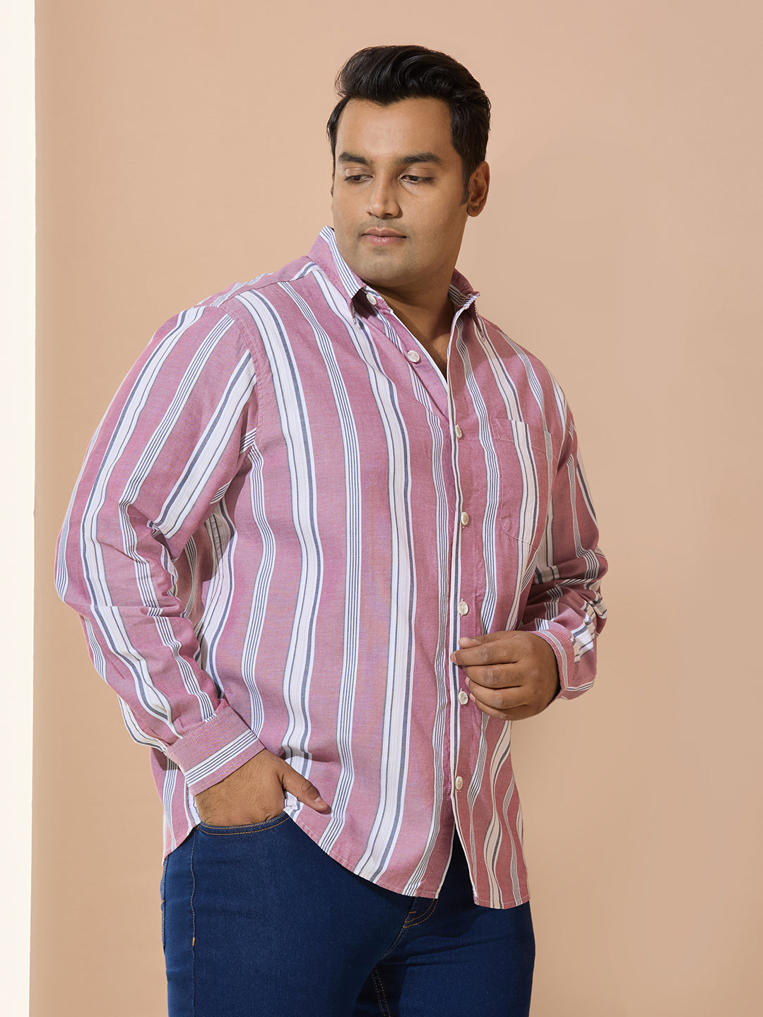 Men Cotton Stripe 1 Pocket Regular Fit Smart Casual Shirt - Maroon