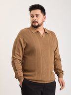 Flat Knit Full Sleeve Polo Ribbed T Shirt  - Khaki - Style 136