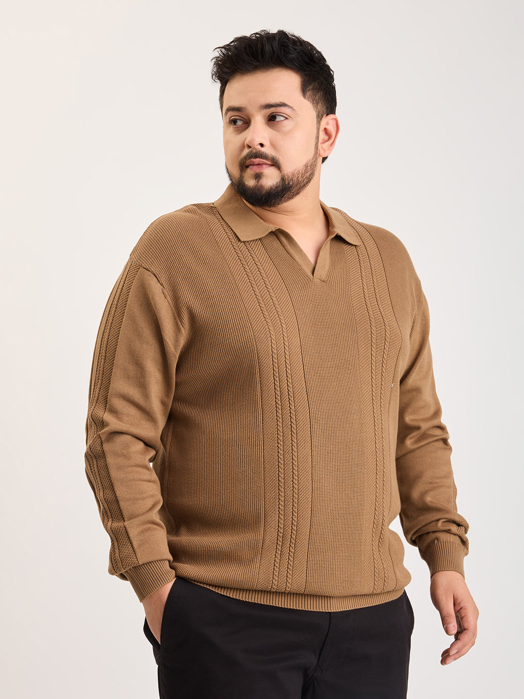 Flat Knit Full Sleeve Polo Ribbed T Shirt  - Khaki - Style 136