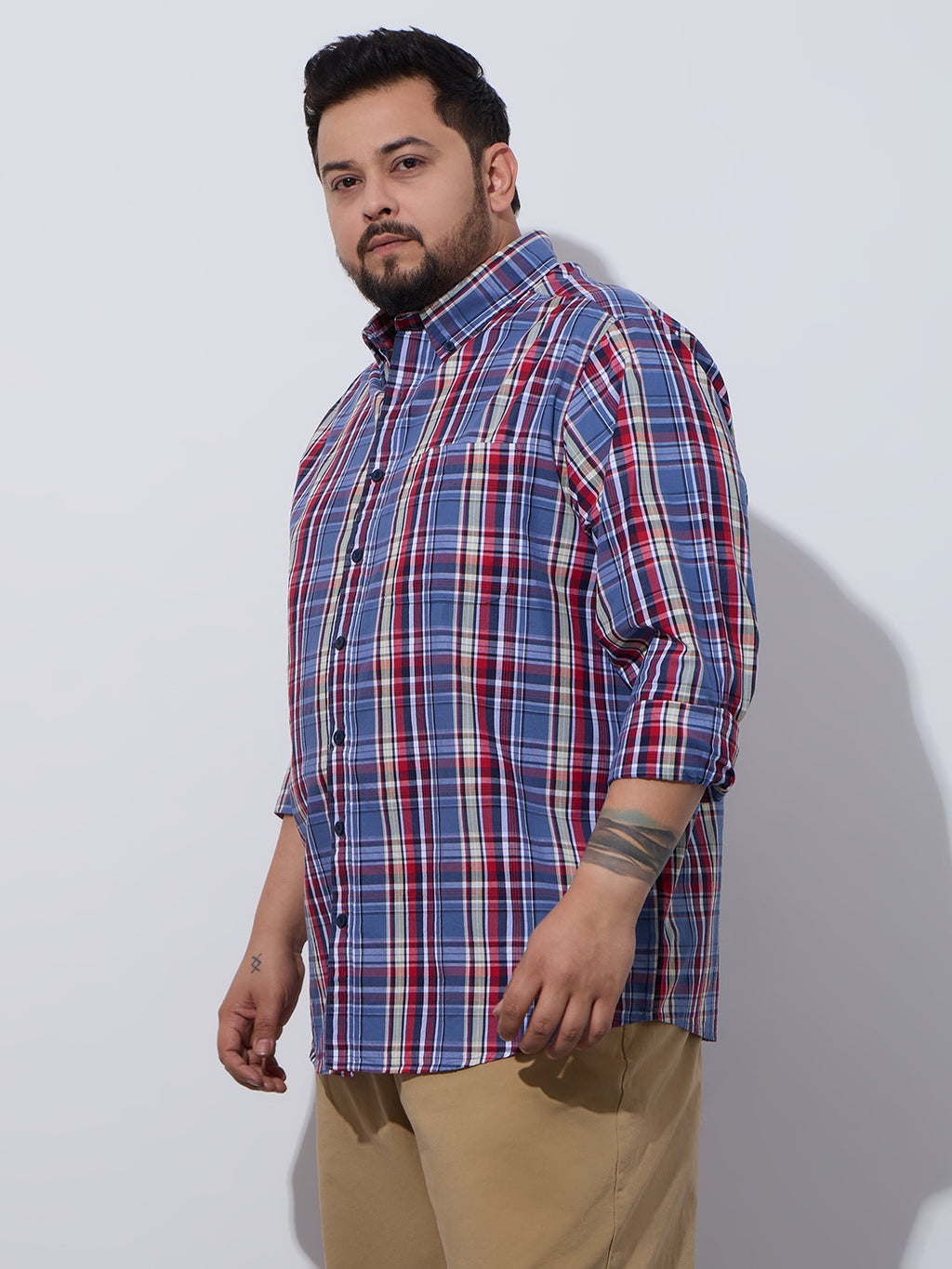 Plus Size Cotton Checks Shirt 1 Pocket Regular Fit Smart Casual Shirt, Style- Plus-1263-Red
