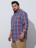 Plus Size Cotton Checks Shirt 1 Pocket Regular Fit Smart Casual Shirt, Style- Plus-1263-Red