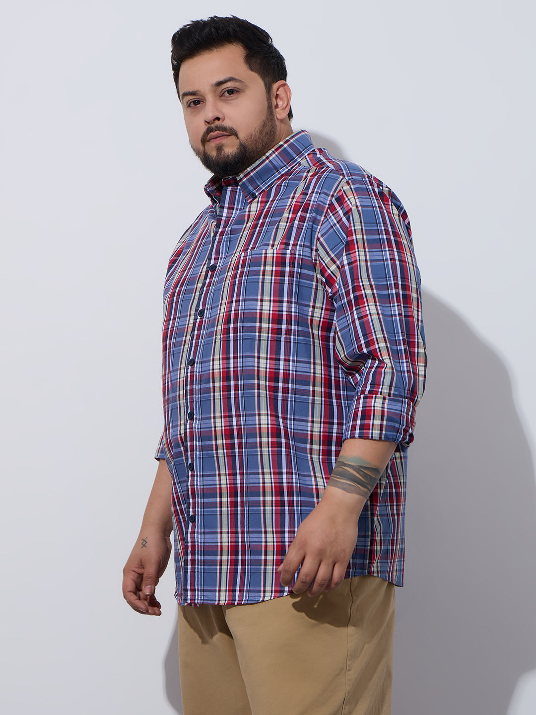 Plus Size Cotton Checks Shirt 1 Pocket Regular Fit Smart Casual Shirt, Style- Plus-1263-Red